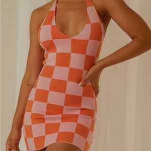 NEW WITH TAGS Peppermayo Groove Knit Halter Dress Pink and Orange Checkers NWT